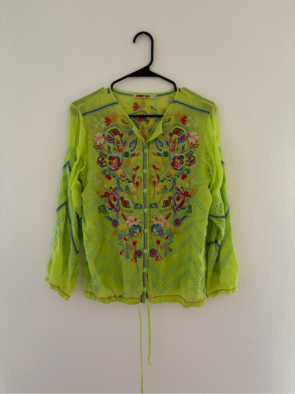 Johnny Was Neon Lime Embroidered Floral Button-Front Blouse